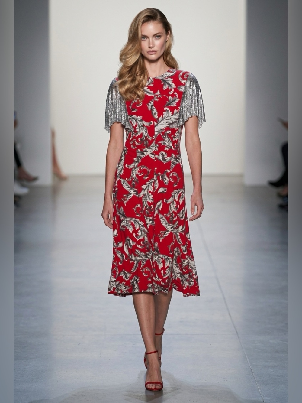J.W. Anderson Red and Silver Printed Midi Dress